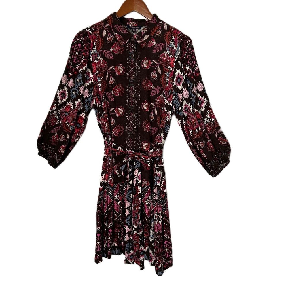 Skies Are Blue Shirt Dress Women M Brown Pink Floral Aztec Belted Southwest NWT